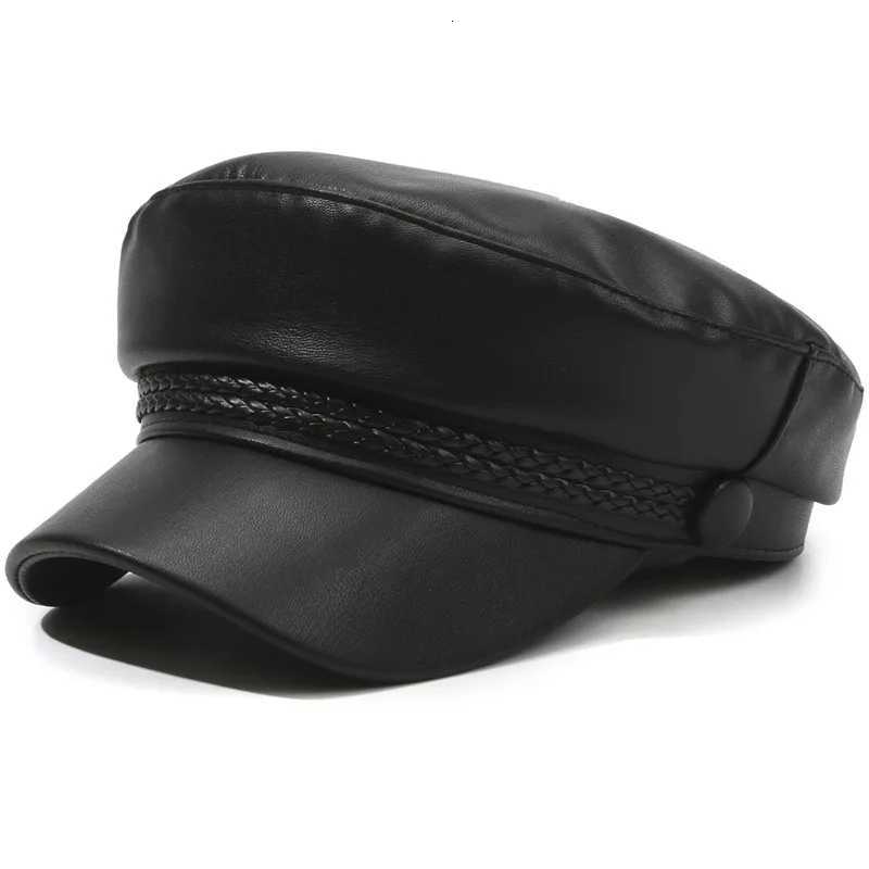 Spring and Autumn Versatile Beret Retro Flat Top Sunshade Hat Fashion Leather Fishermans Hat Solid Color Leather Wens Hat Y251025