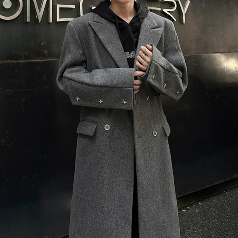 Autumn Winter Mens Versatile Length Woolen Coat Over Knee Double Breasted Tweed Windbreaker Outerwear Faionable Korean Style 251023