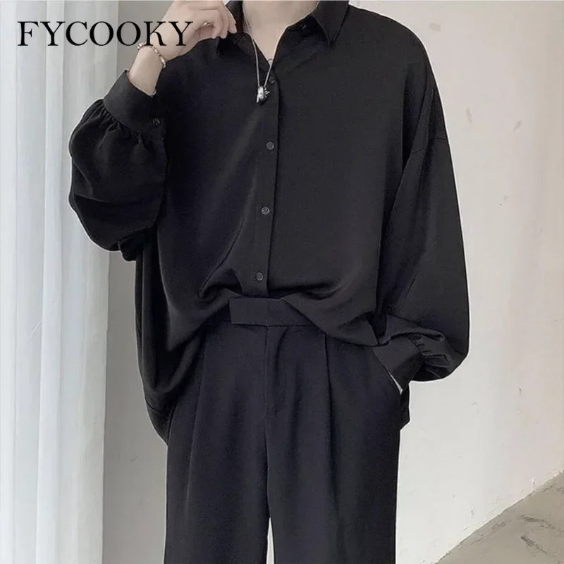 Black Longsleeved Shirts Men Korean Comfortable Blouses Casual Loose Single Breasted Shirt with Tie 251023