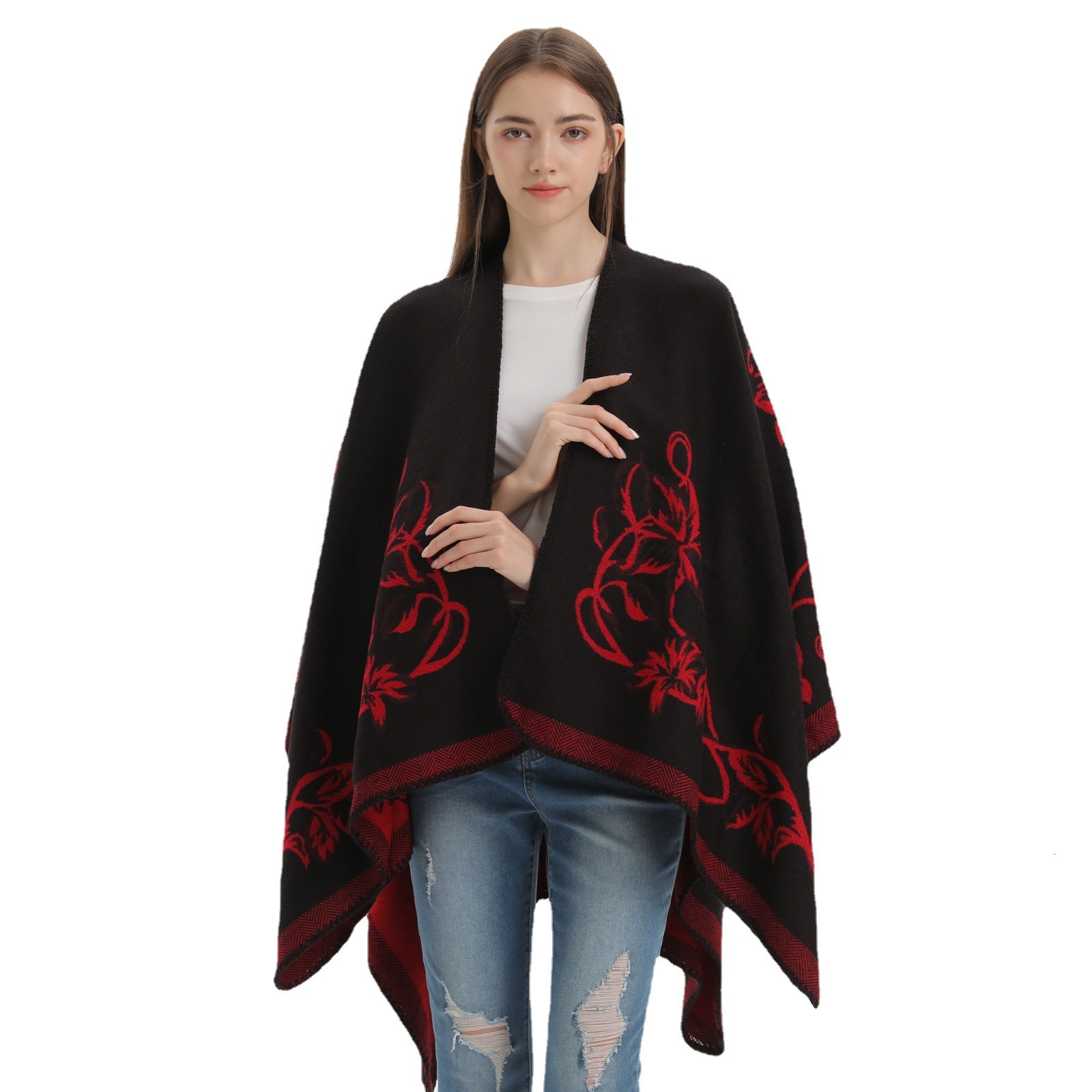 Womens Shawl New Autumn Winter Imitation Cashmere Jacquard Split Warm Thickened Shawl Cape Hot Sale