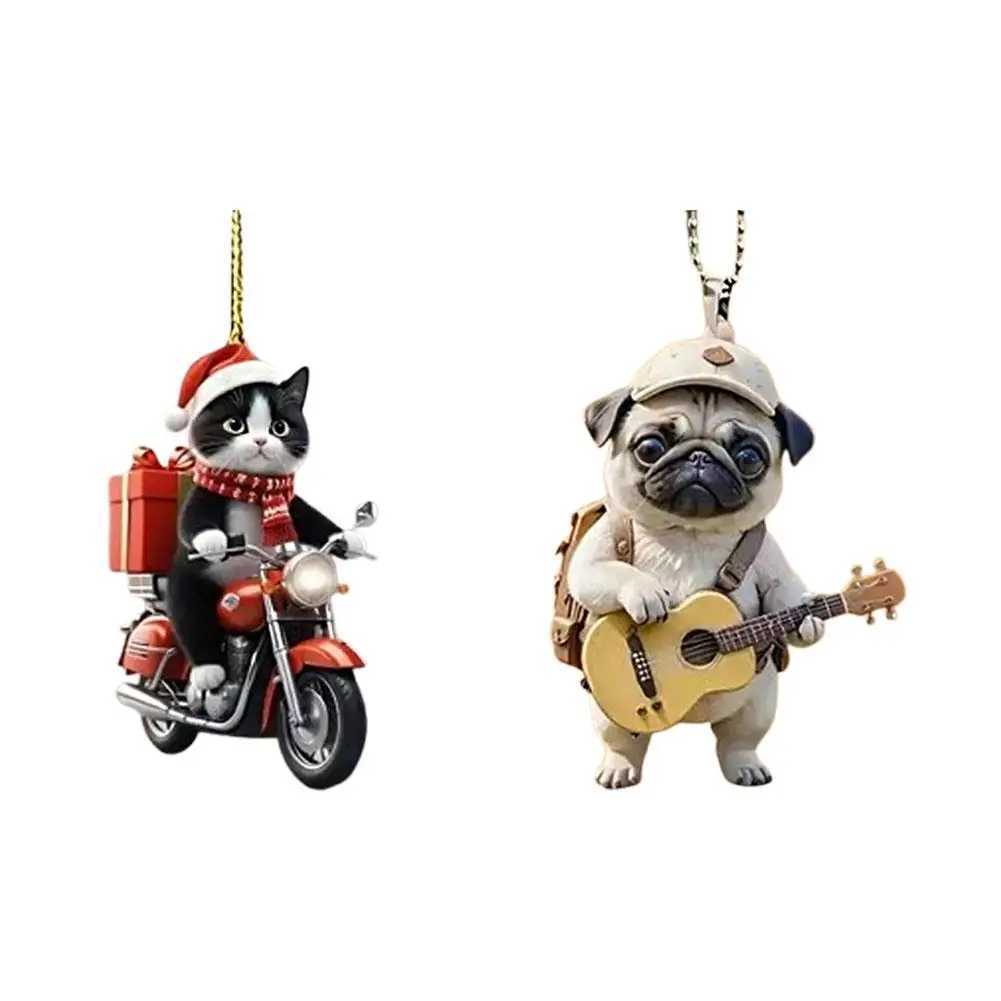 Motorcycle Cat Acrylic Hanging Decoration Christmas Tree Car 2D Flat Riding Kitten Hanging Ornament Cartoon Pendant For Christma C251024