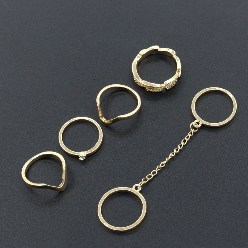 Personalized Fashion Versatile Ring Inlaid with Diamonds Leaf V-Shaped Joint Finger Chain 6-Piece Set New Style