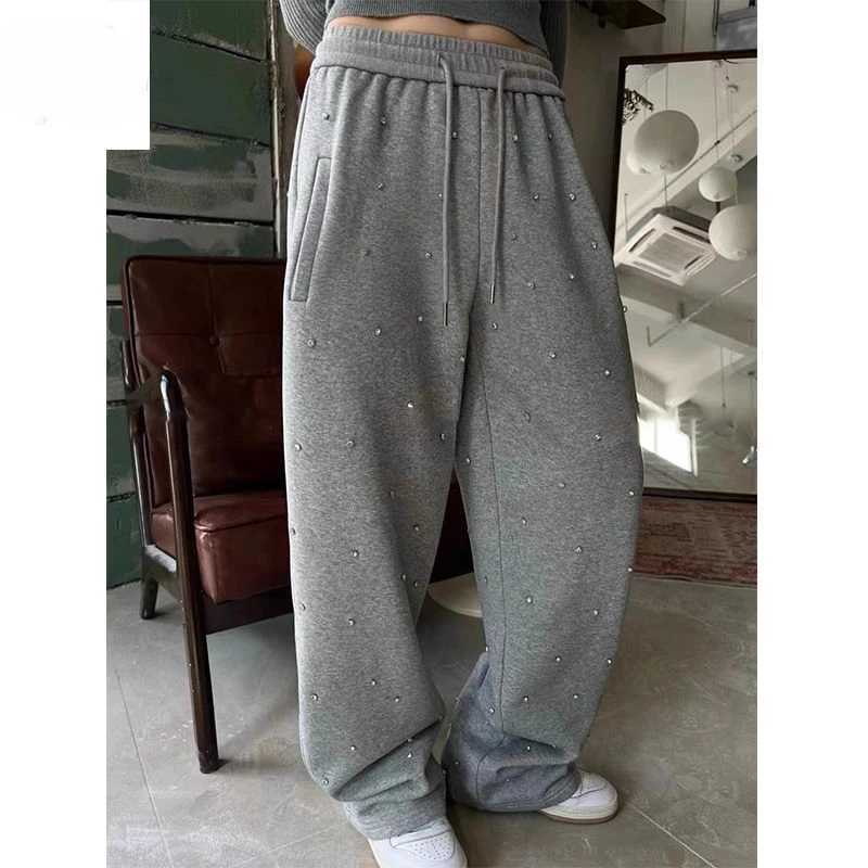 Korean Version of Loose Wideleg Fleece Sweatpants 2024 Womens Winter New Hot Diamond Design Versatile Casual PantsT251025