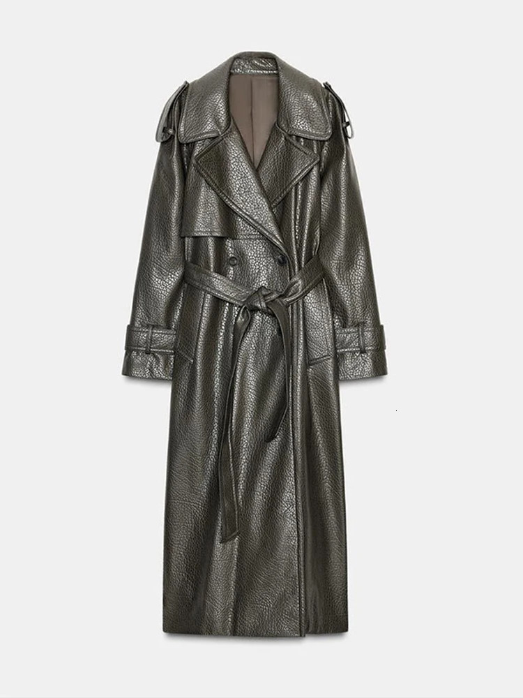 Double Breasted Lace up Long Leather Coat Woman Long Sleeves Loose Solid Color Casual Jackets Street Womens Early Autumn Coats 251020