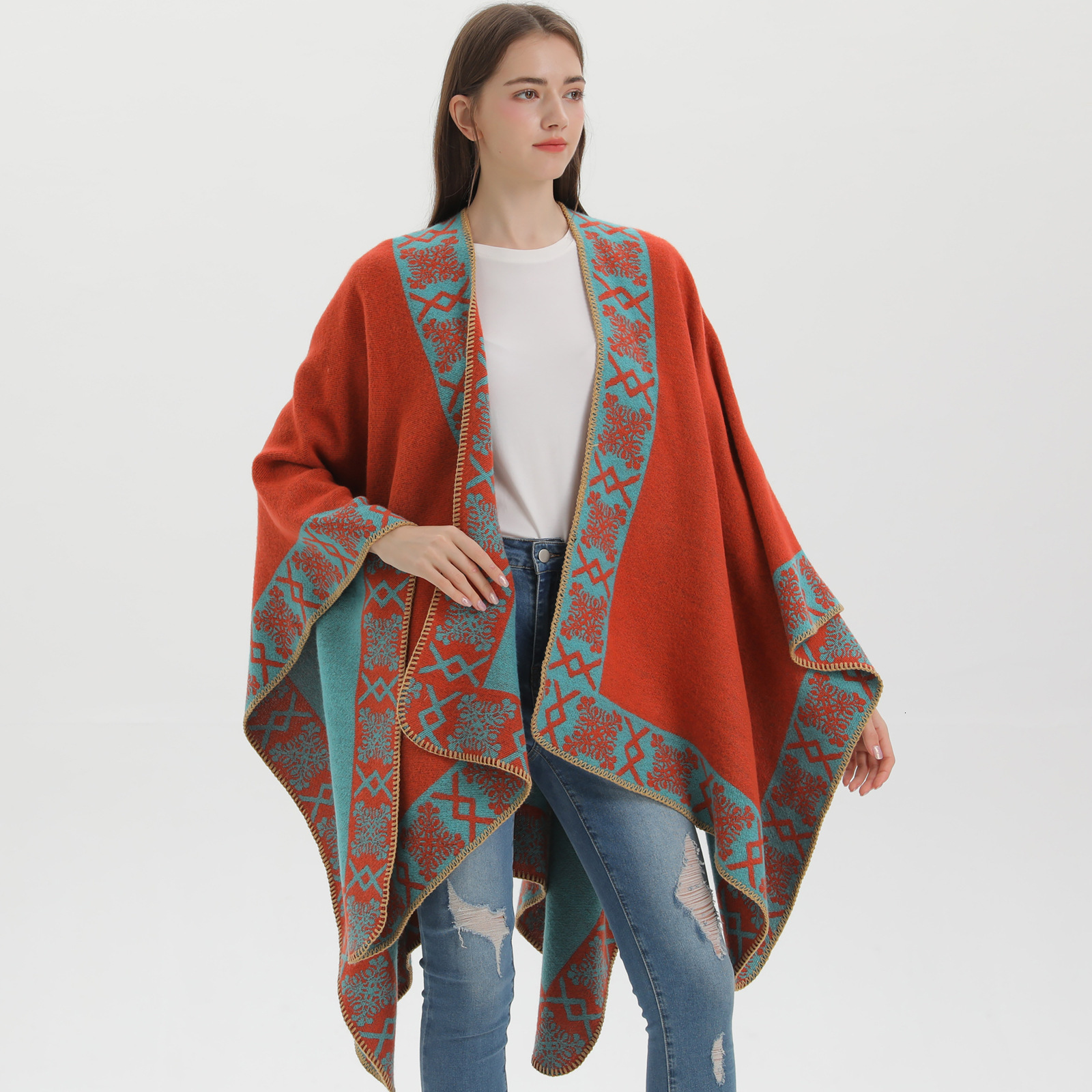 New Womens Split Shawl Autumn Winter Ethnic Style Imitation Cashmere Thickened Warm Cape Scarf Outerwear