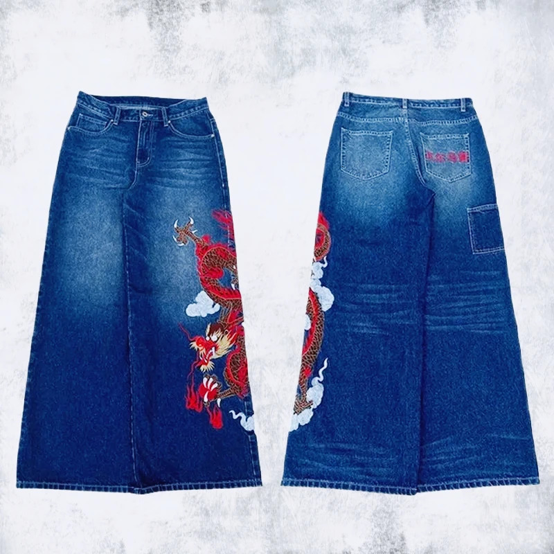 Y2K Baggy Jeans Dragon Graffiti Embroidery Dark Blue Loose Wide Leg Distressed Jeans High Waist American Vintage Goth Streetwear 251024