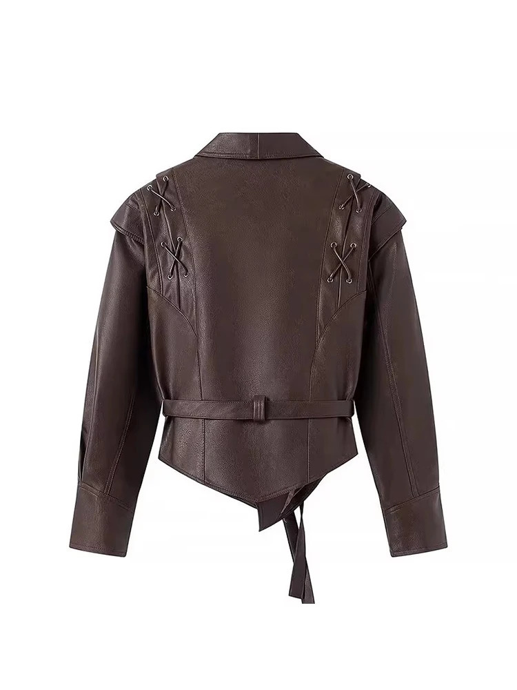 Mauroicardi Spring Autumn Short Retro Brown Pu Leather Jacket Women Sashes Lace Up er Emo Clothes European Fashion 251020