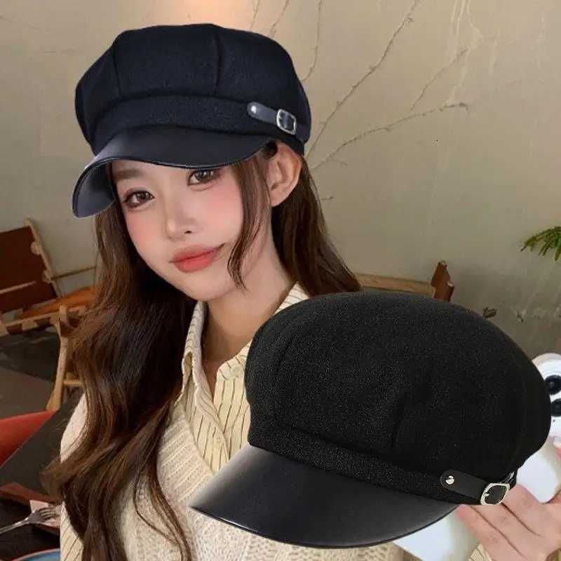 Vintage Beret Newsboy Hat Y2K Autumn Winter Hat Beret Octagonal C Black Leather Buckle Hat Woolen Beret Painter Artist Hat Y251025