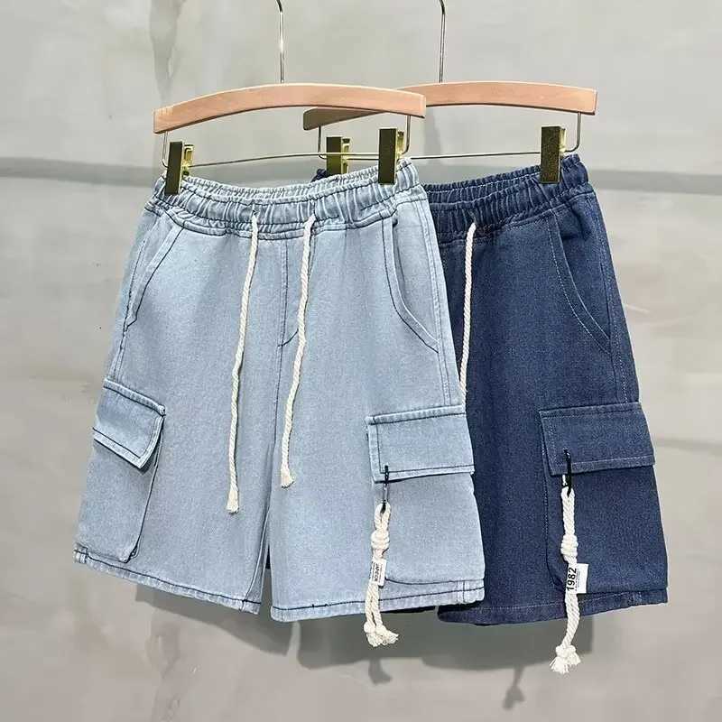 Summer Mens Drawstring Denim Shorts Casual Lightweight Blue Large Pocket Loose Fit Workwear Style for Outdoor ActivitiesXJ251025