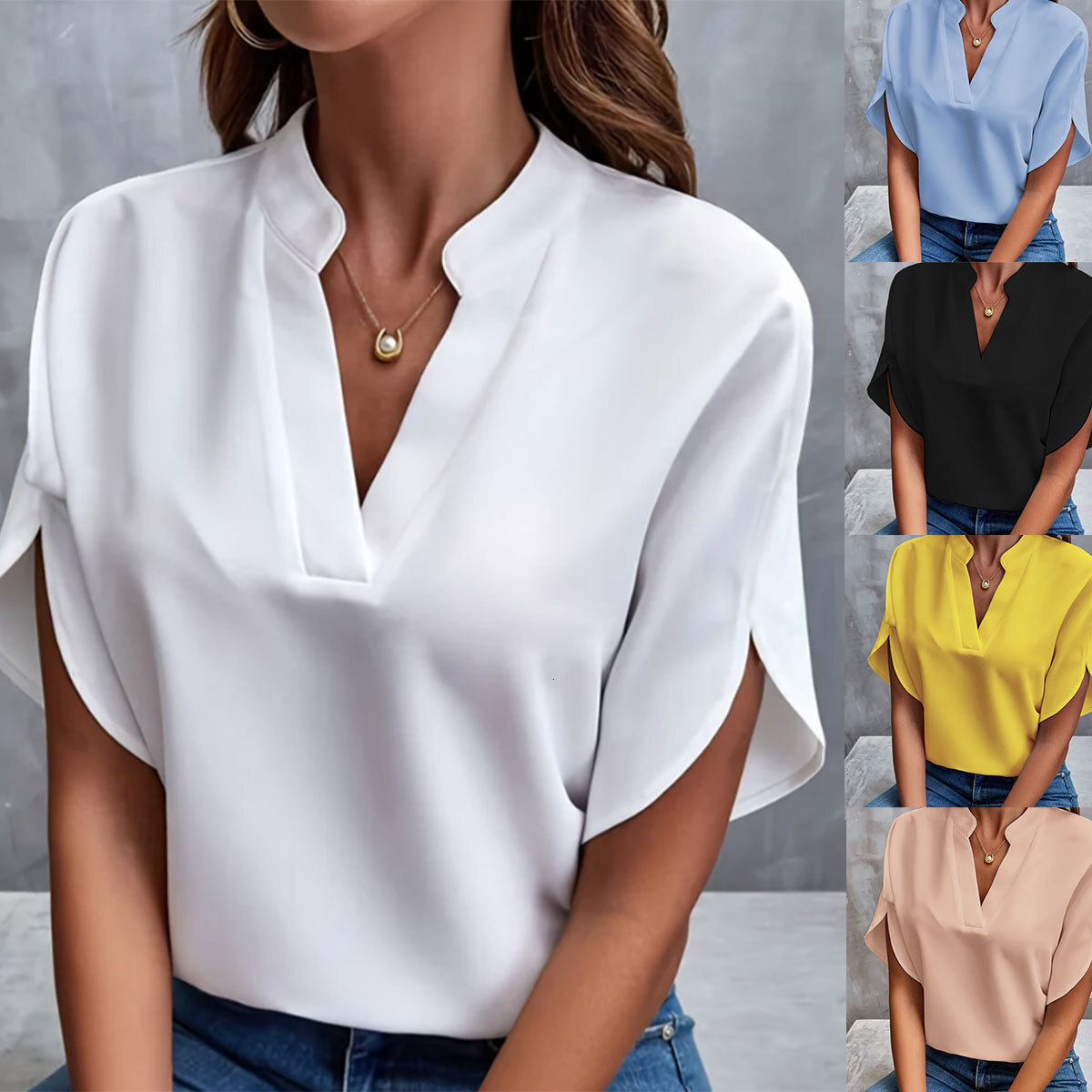 2025 Summer New V-neck Shirt for Women, Solid Color Casual Versatile Short Sleeve Pullover Blouse