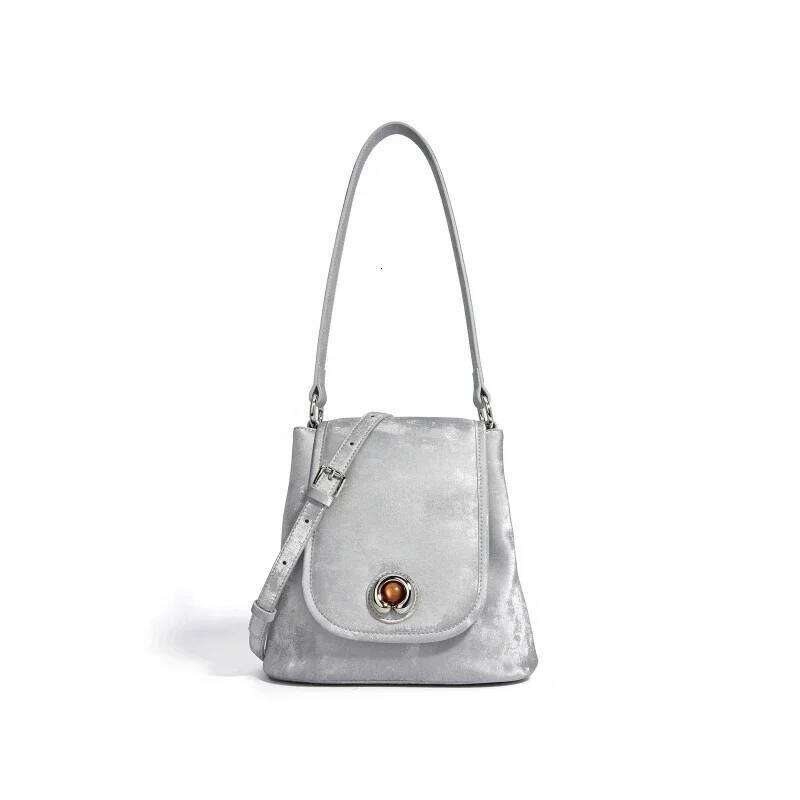New Chinese Style Women Veet Satins Genuine Leather Bucket Shoulder Female Small Underarm Bag Ladies Purse And Handbags 1025