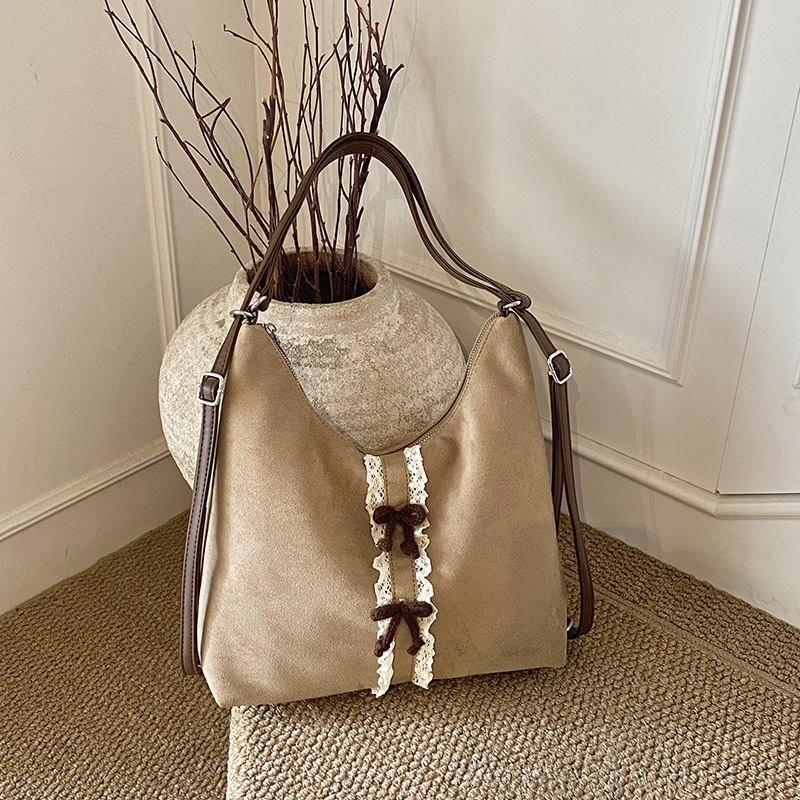 New hot selling retro suede bow women's designer handbag, large capacity parent-child commuting shoulder bag, three in one handbag and backpack