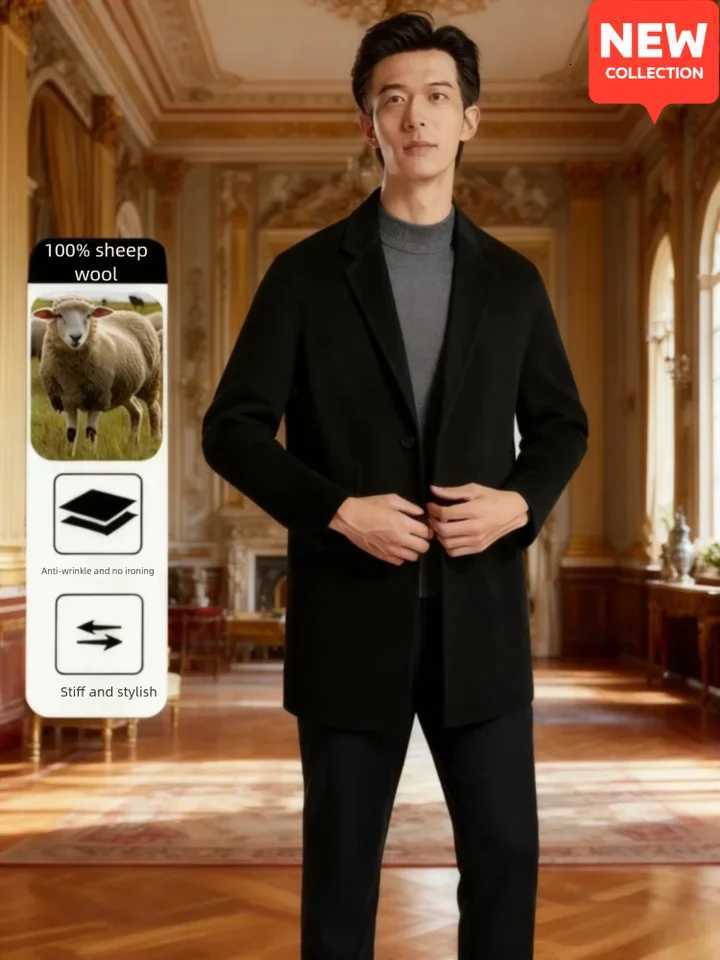 Mens 100 Wool Blend Overcoat BritishInspired MidLength Trench Coat for AllWeather Smart Casual WearT251025