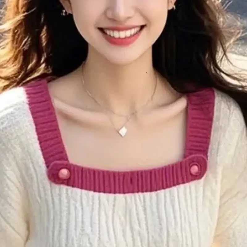 Women Clothing Spring Autumn Fashion Korean Screw Thread Color Blocking Knitting Square Collar Female Appear Thin Sweater PullovT251025