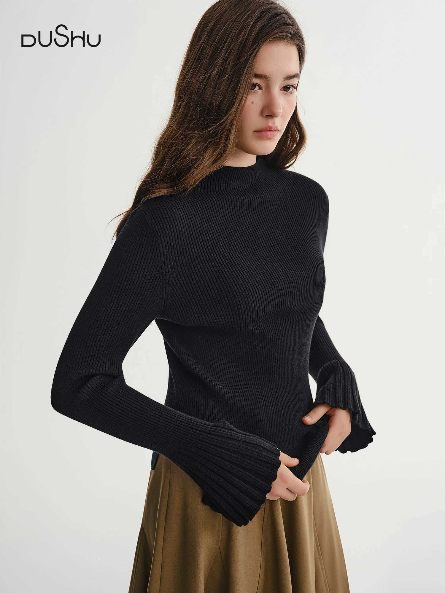 DUSHU Plus Size Womens Bell Sleeve Knit Sweater 2025 Winter Relaxed Fit Asymmetric Hem Mock Neck Soft Comfortable Casual TopT251025