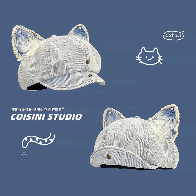 Janese Cute Cat Ear Flip Brim ed Denim Octagonal Newsboy C Wen Spring and Autumn Literary Large Version Berets Hat Y251025