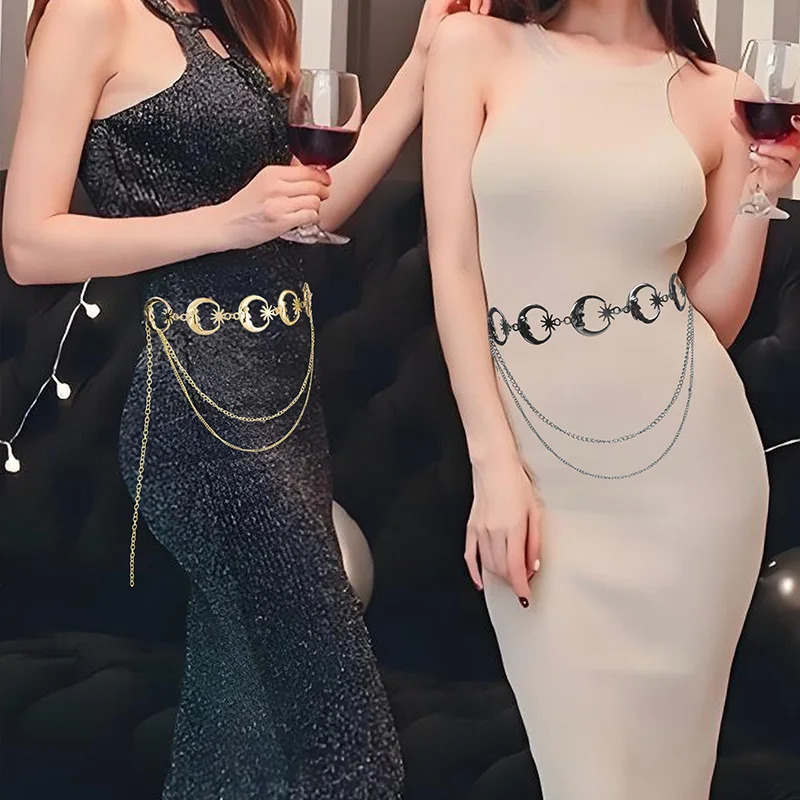 Women Star Moon Metal Waist Chain Multilayer Punk Gothic Golden Silver Hollow Chain Belt Female Dress Jewelry Body Chain 251023