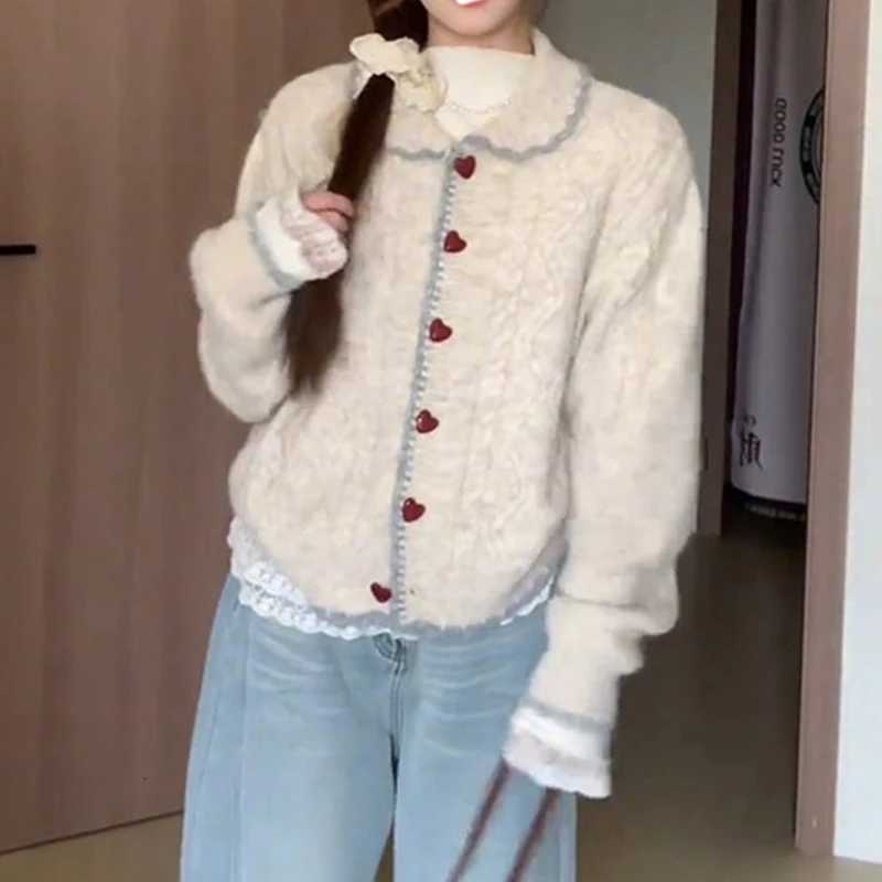 Sweet Peter Pan Collar Knitted Cardigan Autumn Winter Loose Retro Sweater Jackets New Heartshaped Button Lapel Casual KnitwearT251101