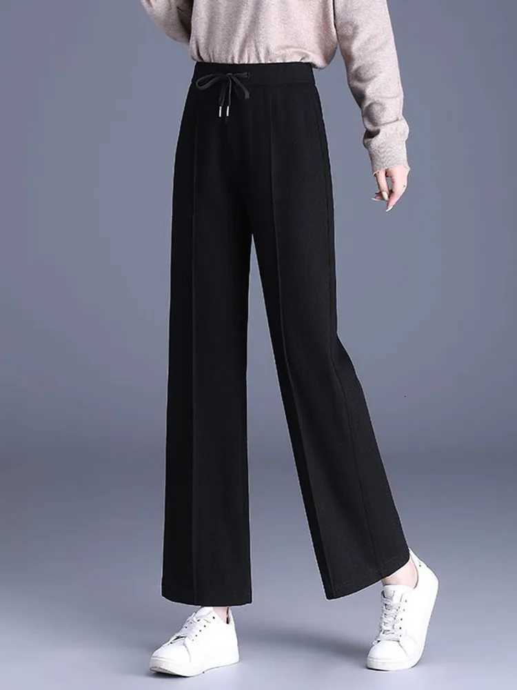 Winter Warm Thicken Loose Straight Pants Korean Elastic High Waist Lace Up Wide Leg Pantalones Casual Velvet Lined SweatpantsT251025