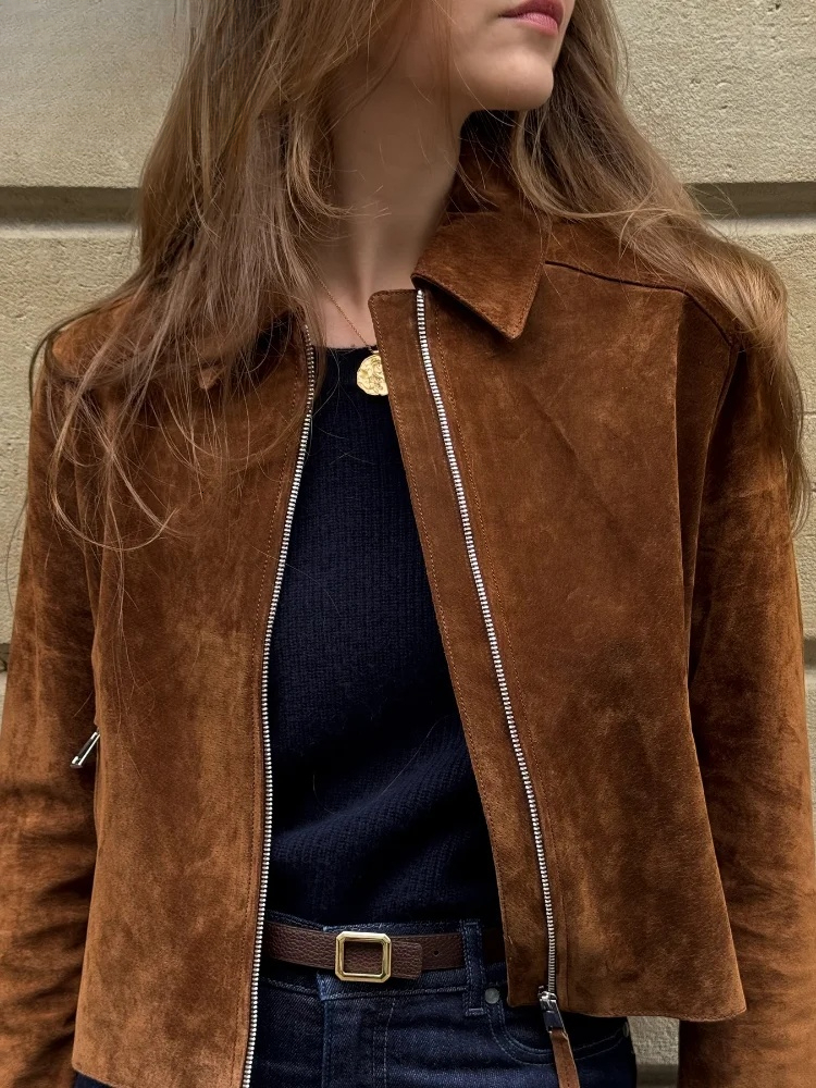 Street Suede Zippers Short Jackets Women's Vintage Lapel Full Sleeve Pocket Jacket 2025 Autumn Winter New Lady Casual Outwear dongdumaoyi