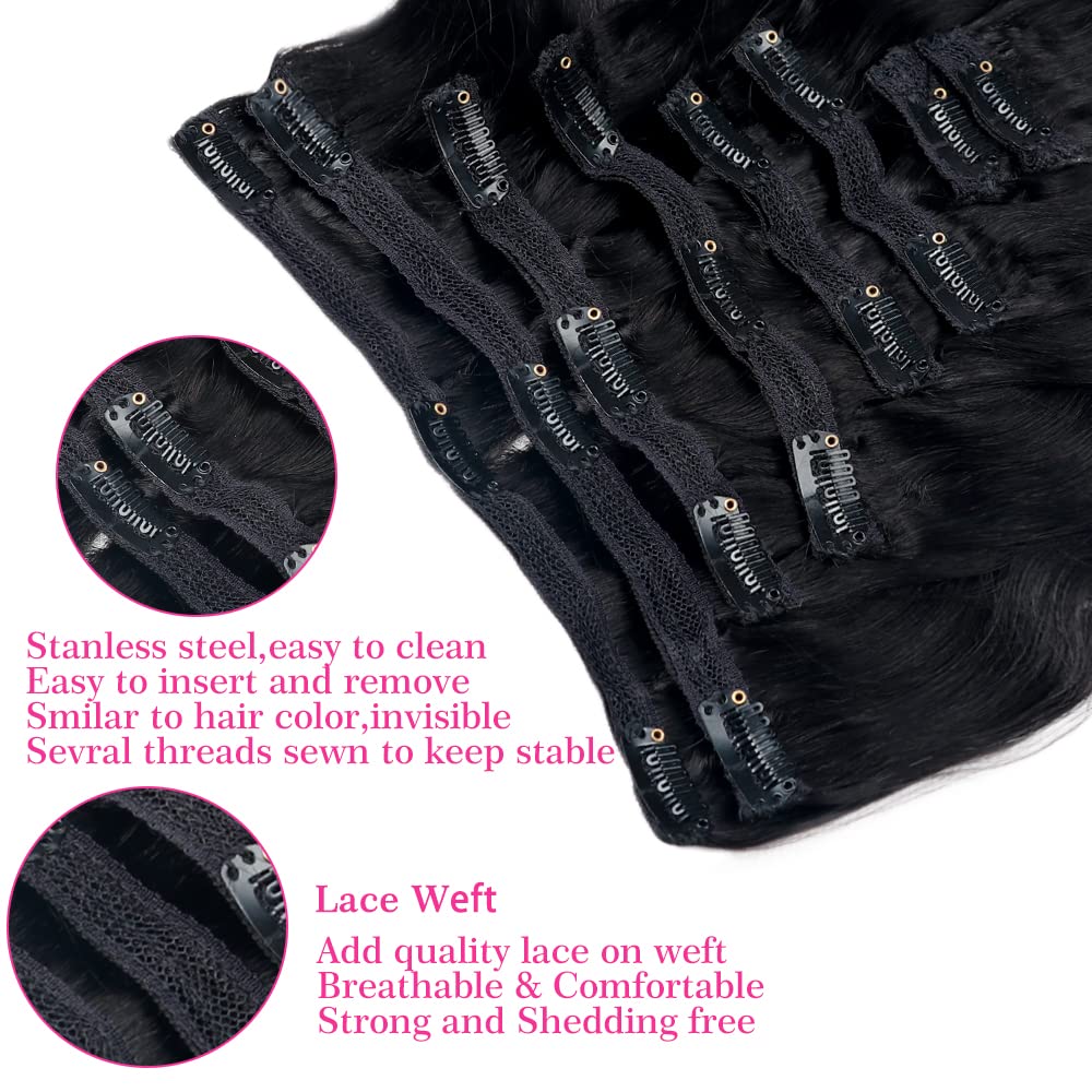 Body Wave Clip Ins 8Pcs Remy Human Hair 8-30 Inch #1B Natural Black Real Human Hair Clip in Wefted Pieces for Women Soft Silky Texture
