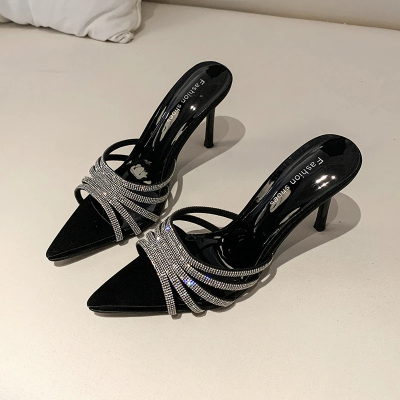 Sexy High Heels Slipper Women Summer Fashion CRYSTAL Narrow Band Pointed Toe Slides Stripper Party Sandal Mule Shoes 251023