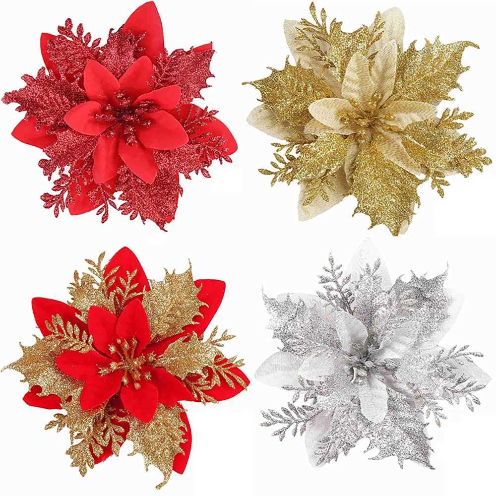 510pcs 145cm Christmas Flower OrnamentsPinkRedGoldGlitter Artifical Flowers For Christmas TreeXmas Decoration For Home C251024