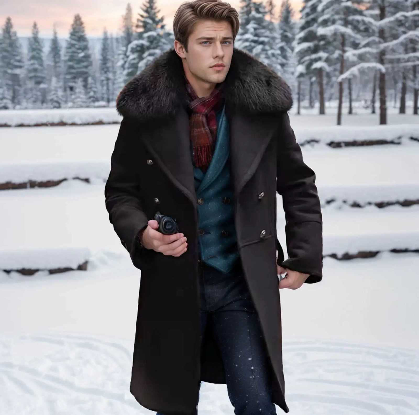 European and American Mens Casual Woolen Coat for Autumn and Winter Young Mens Doublebreasted Fur Collar Overcoat S5XLT251025