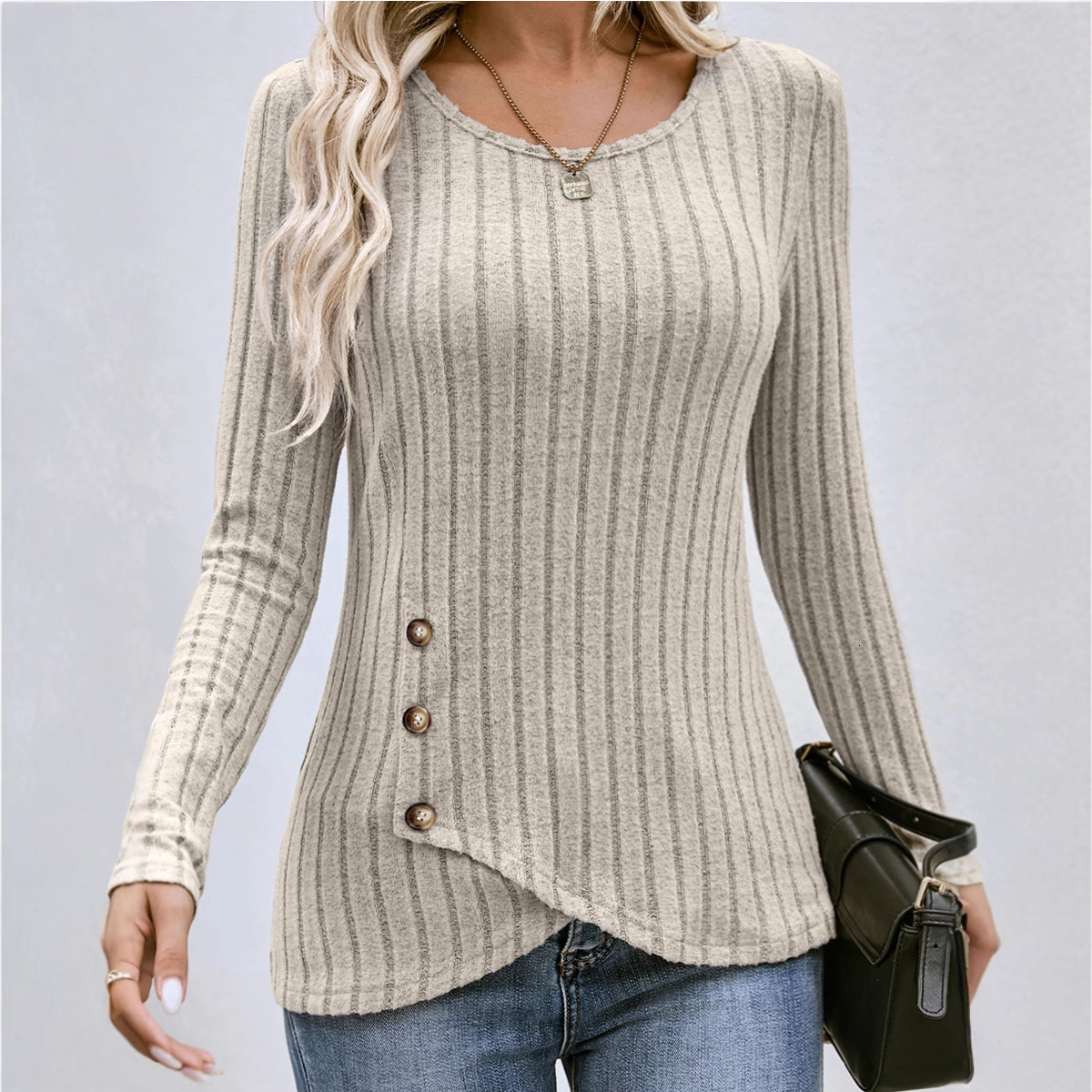 2025 Autumn Winter Women's Fashion TikTok Waist-Cinching Round Neck Slim Fit Long Sleeve Top