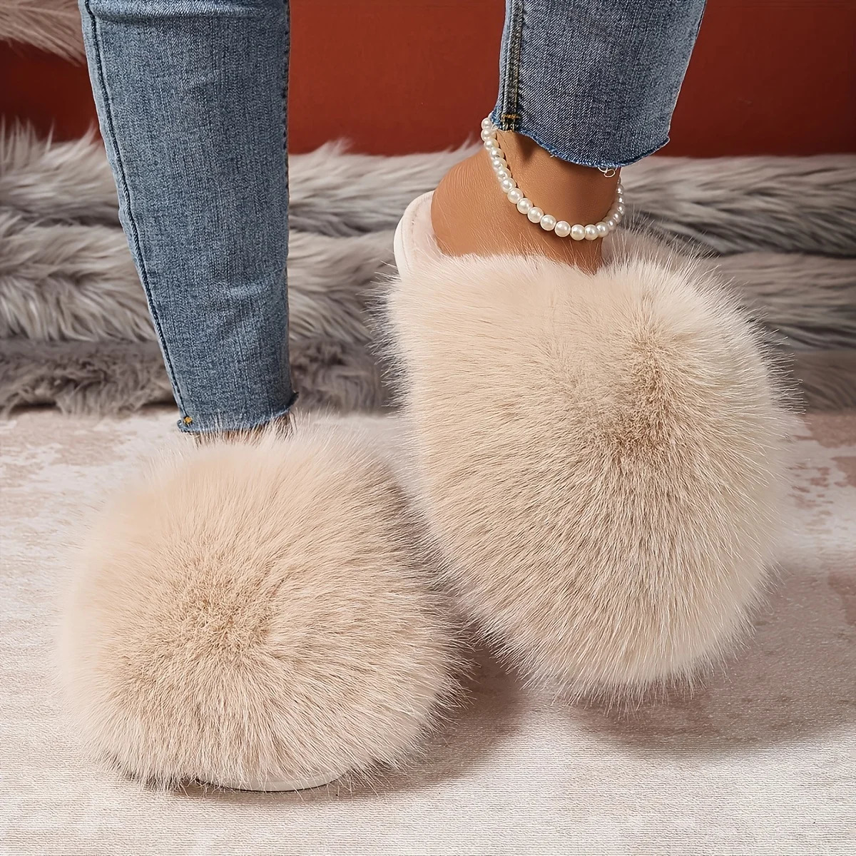 1 Pair Elegant Faux Fur Slippers for Women IndoorOutdoor House Shoes Korean Style Warm Flat NonSlip Rubber Sole Pure Color 251023