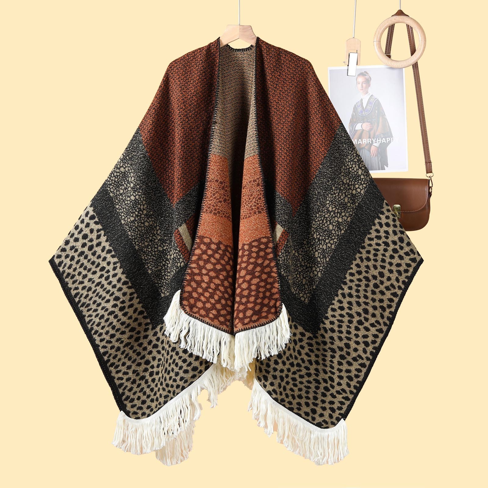 Womens Leopard Print Color Block Large Shawl Cape Autumn Winter Outdoor Cold Protection Warm Jacquard Shawl