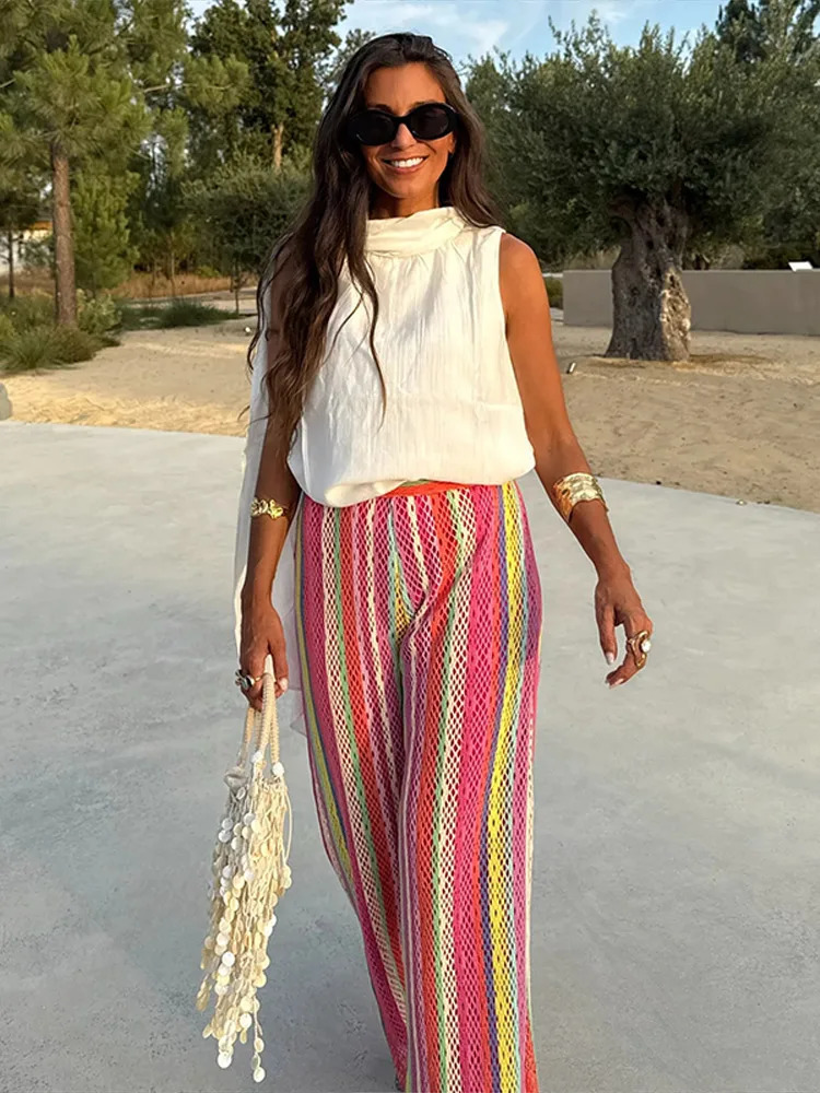 Rainbow Color Knitted Striped Pants Women Wide Leg Hollow Out Striped Loose Fashion Vacation Trousers Autumn Street Pants 251024