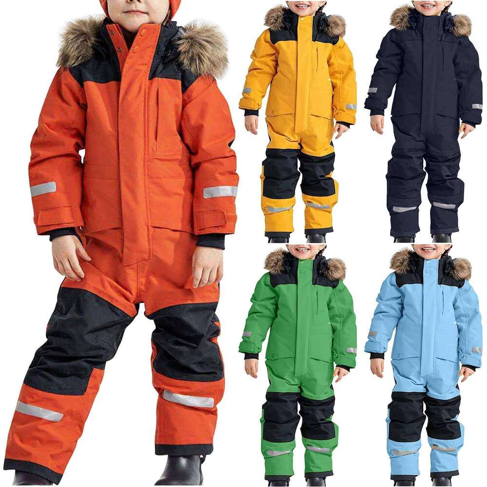 Children's Winter Windproof Warm Outdoor Skisuits Fleece Hooded One-Piece Ski Suit Fashion Skiing Snowboarding Wear