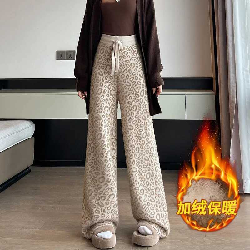 2026 Mink Fur Leopard Print Knitted Wide Leg Pants Women Fleece High Waist Straight Long Pants Thickened Soft Waxy Wool TrousersT251025