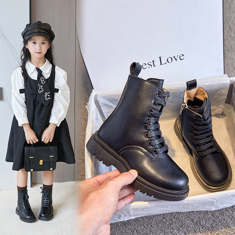 Girls Ankle Boots Kids Girl Motorcycle Boots Side Zipper Children Winter Warm Boots Kidsnest Black Beige Color Sizes 26 - 36 US9C-US4Y K1180