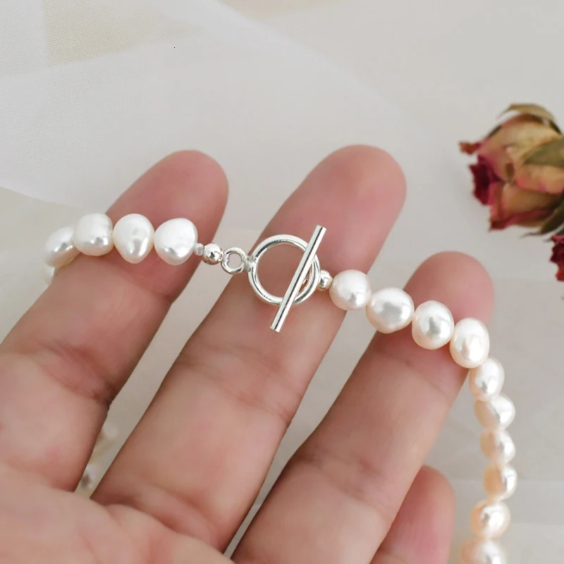 ASHIQI Natural Freshwater Pearl OT Clasp Necklace 925 Sterling Silver Jewelry for Women 251016