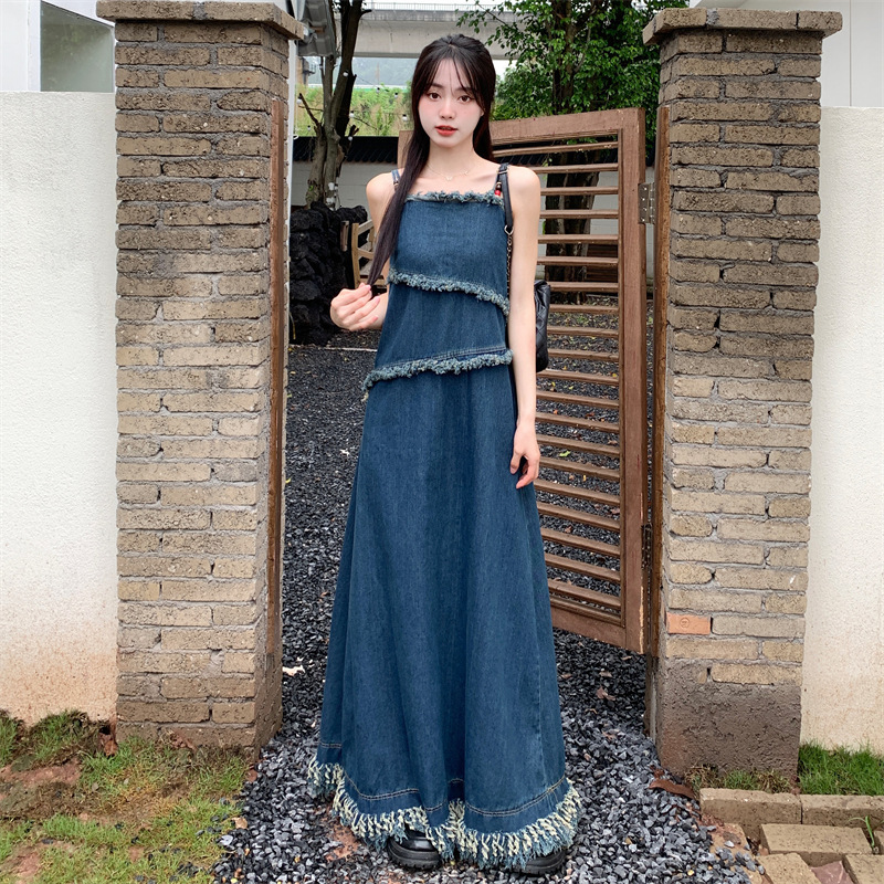 Summer 2025 new plus size women's unique dress designer retro tassel bead denim belt dress