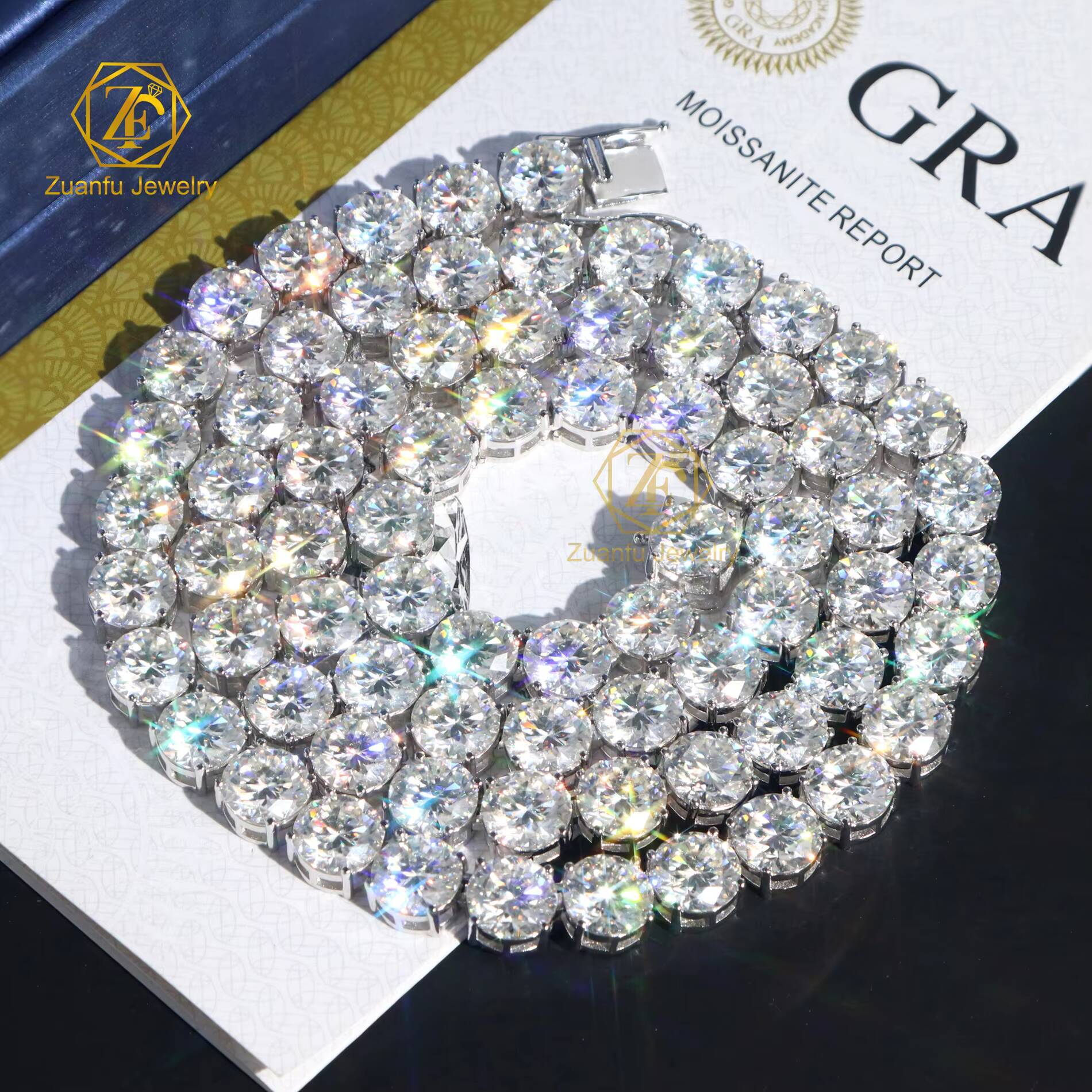 Big Size 10mm Tennis Chain Necklace 925 Sterling Silver with D VVS Moissanite Diamond Pass Diamond Tester for Men Women