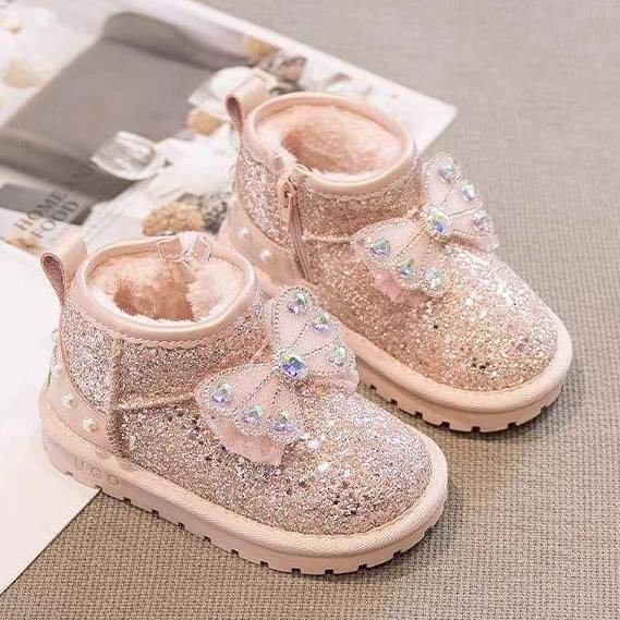 Girl designer fashionable princess snow boots new winter children's wool lining thickened waterproof anti slip baby cotton shoes