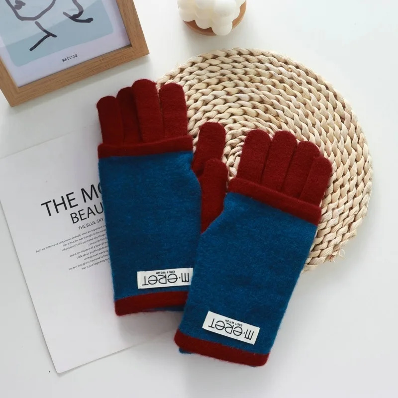 Thickened Leaky Finger Korean Style Ladies DualUse Color Matching Knitted Fashion Touch Screen Finger Knitting Wool Gloves 251023