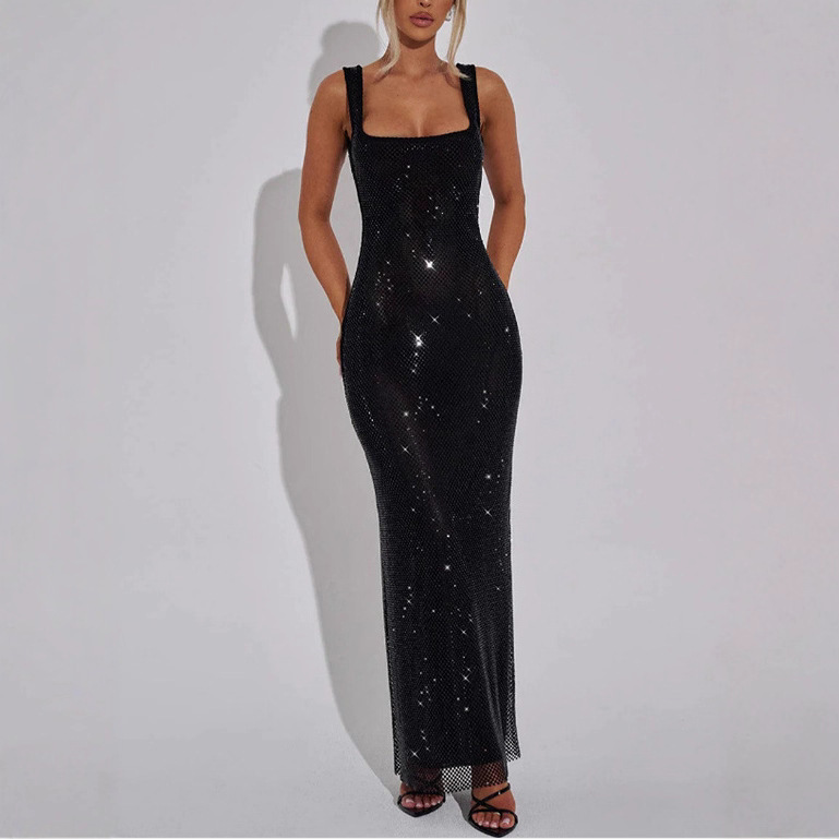 Sexy dual band sequin mesh rhinestone women's vest dress, spring and summer new elegant waistband designer pullover tight dress