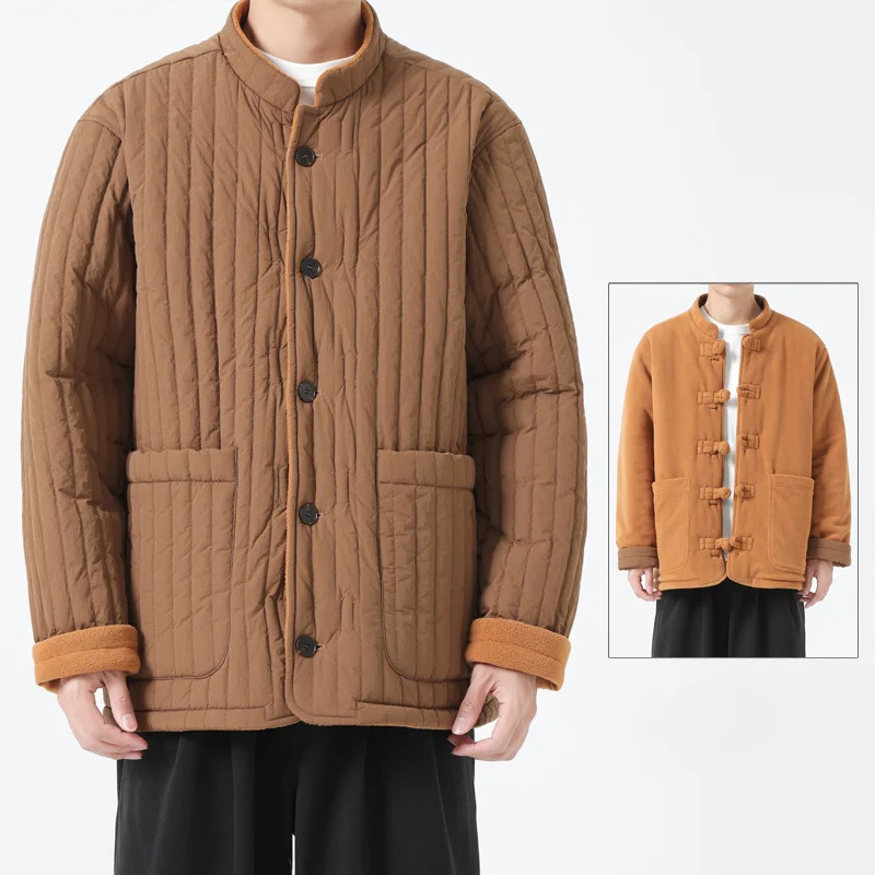 Vintage Quilted Cotton Parkas Mens Solid Color Standing Collar Coats Chinese Style Harajuku Plush Couple Jacket Wear Both Sides 251024