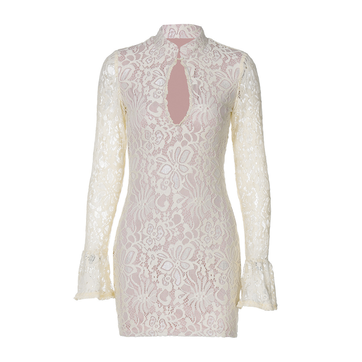 2025 summer new sexy lace hollow slim fit flared sleeve dress, designer hot selling luxury dress