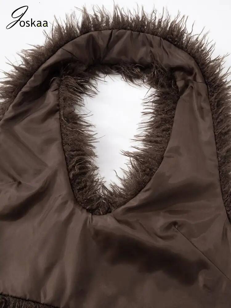 Joskaa Sexy Faux Fur Waistcoat Women Furry Backless Bandage Halter Crop Vests Coat 2025 Fashion Warm Outerwear Y2K Streetwear dongdumaoyi