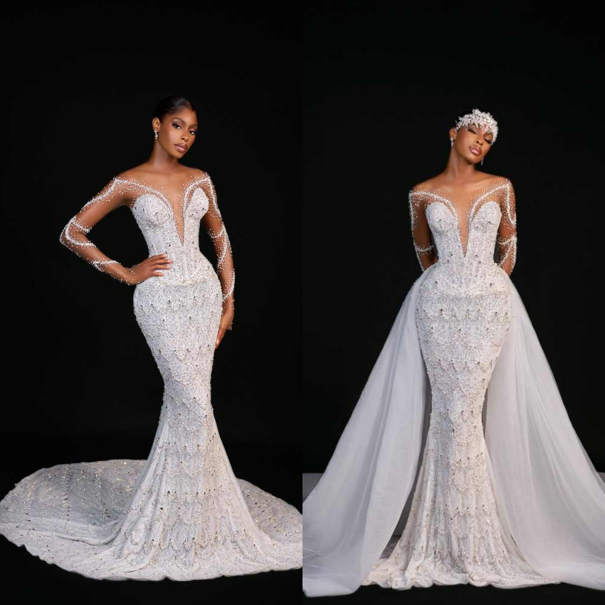 Princess Crystals Mermaid Bridal Gowns Long Sleeve Sheer Neck Wedding Dresses Lace Beadeds Detachable Train Custom Made