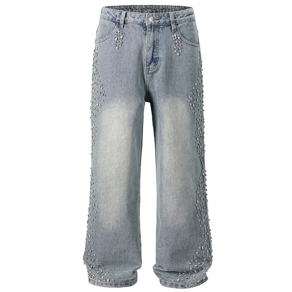 Diamond Jeans Side Rhinestone Wide Leg Baggy Jeans Men Streetwear Fashion Denim Pants Black Blue Hipster Jeans 251023