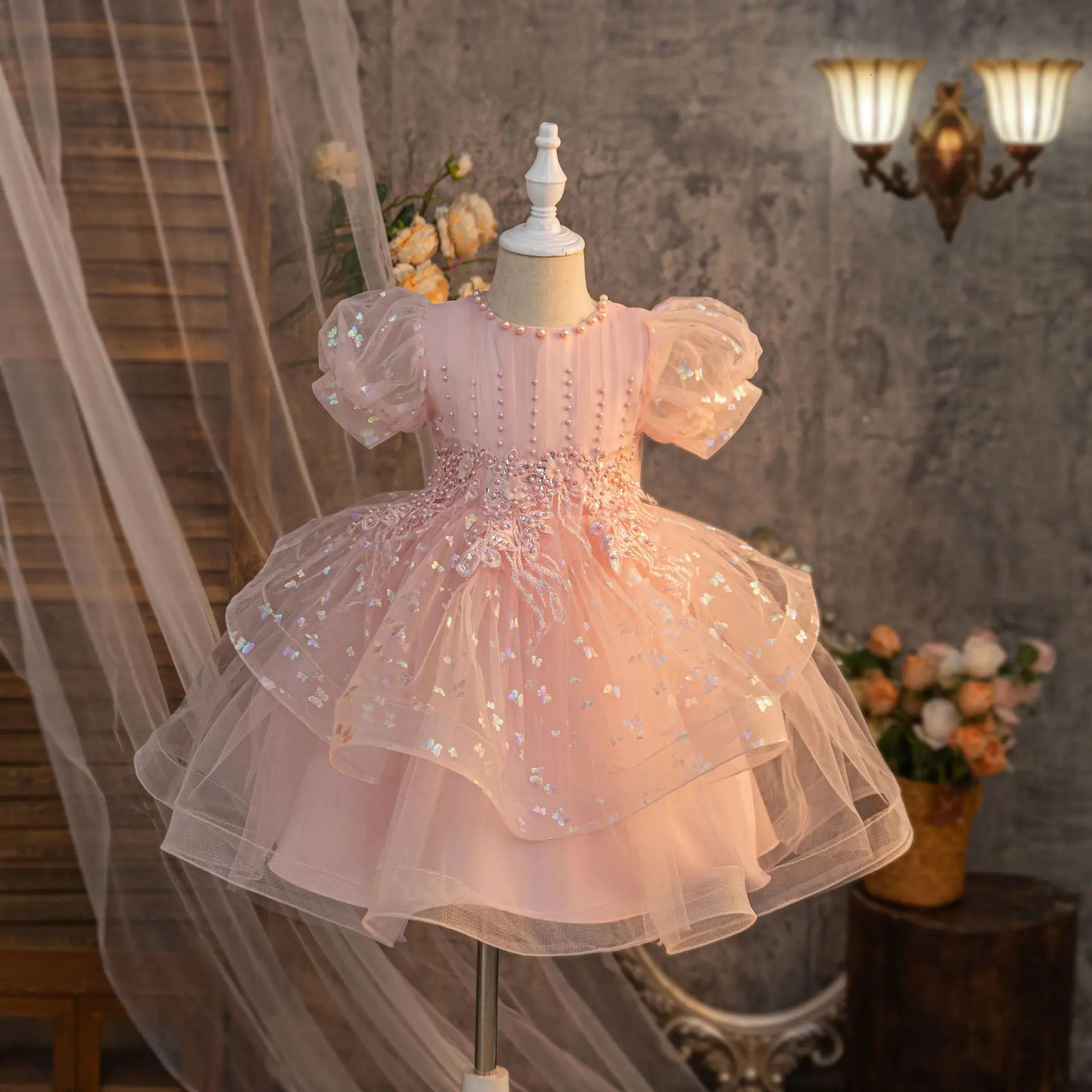 Summer Girls Bow Bead Embroidered Fluffy Skirt Baby Girls Birthday Mesh Dress 251023