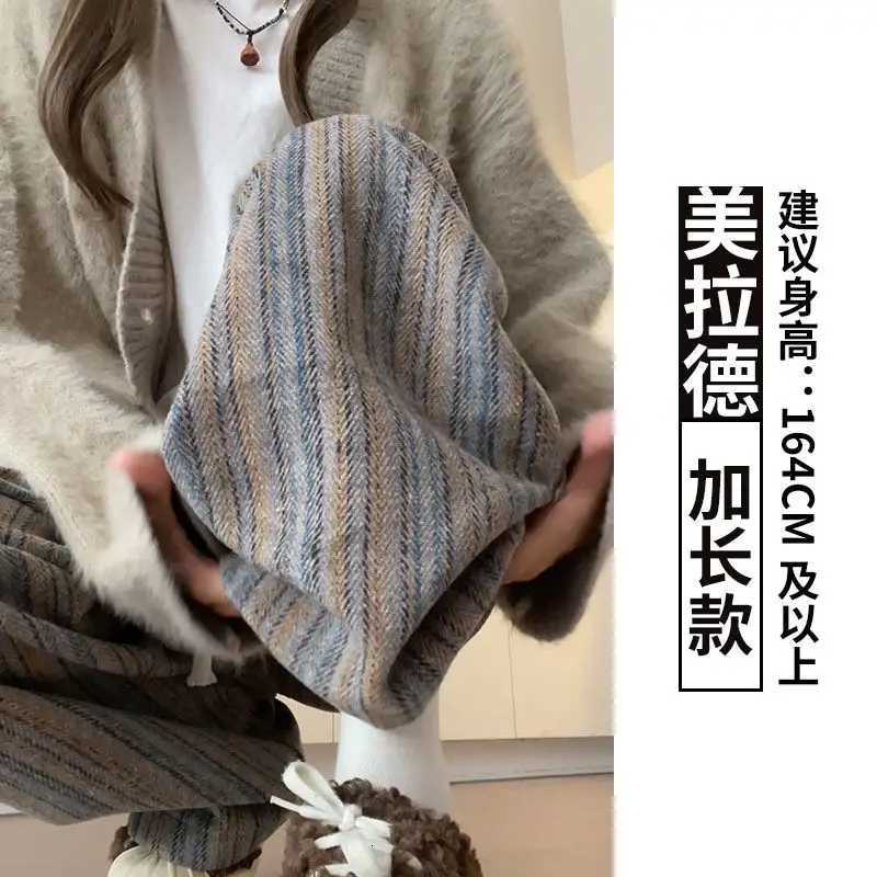 Woolen Wideleg Pants for Women in Autumn and Winter New Highwaist Drooping Casual Straightleg Slimming Lazy Striped PantsT251025