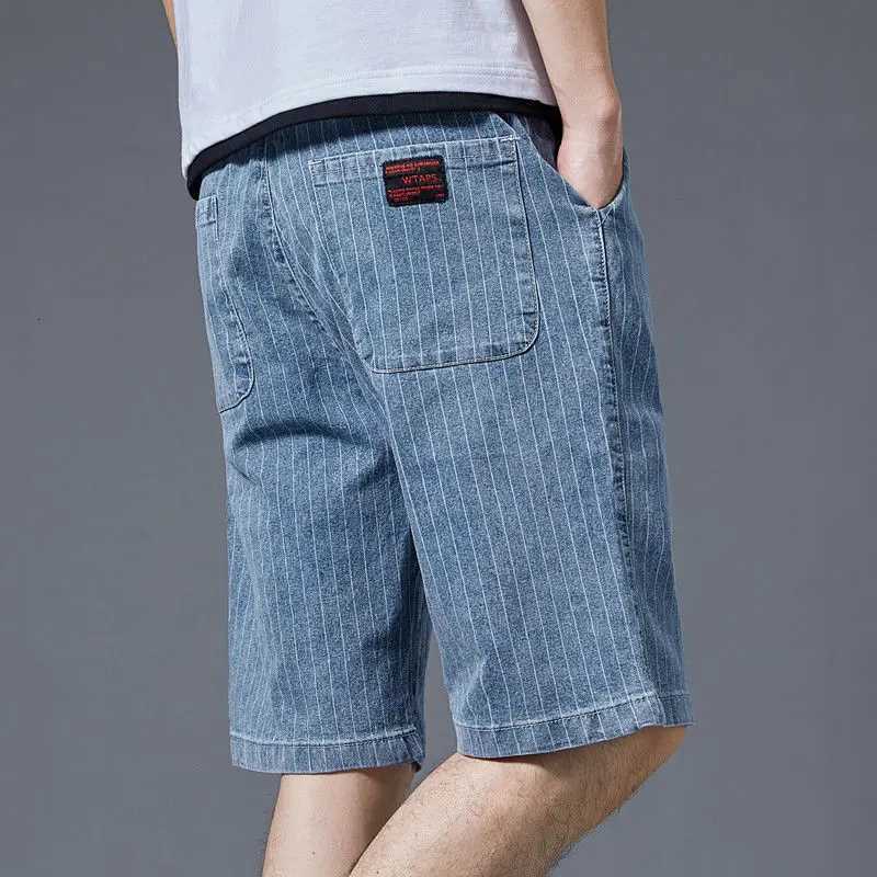 Summer Men Casual Striped Denim Shorts Koreon Streetwear Fashion Elastic Waist Baggy Male Thin Beach Sports Knee Length JeansXJ251025