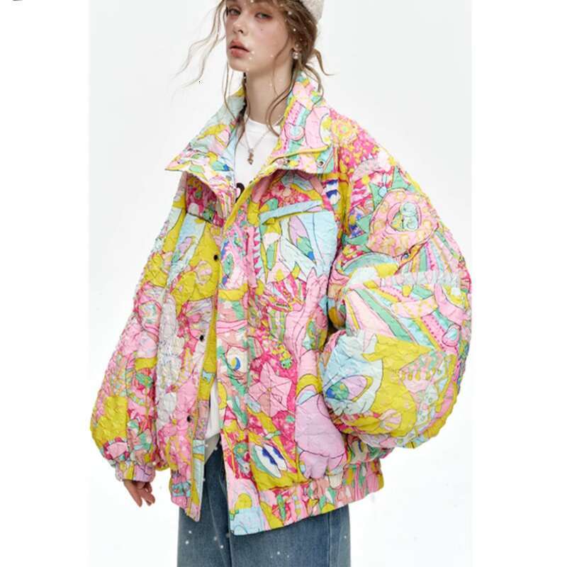 2025 Winter New Arrivals Stand Collar Loose Full Printed Short Down Jacket For Women Coats Designer Women